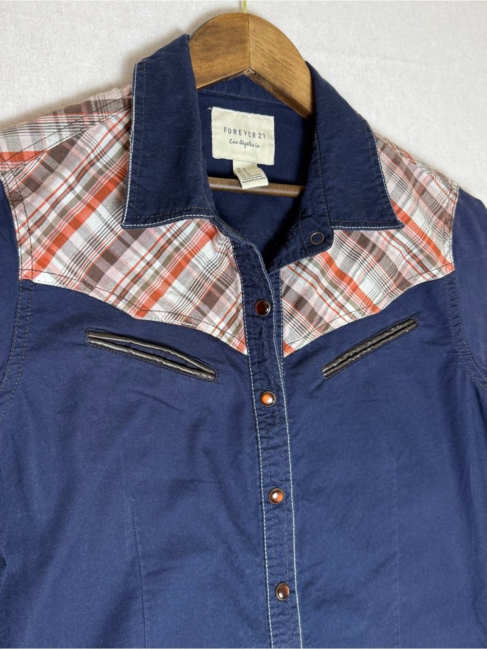 Forever 21 Navy Button-Down Shirt with Red Plaid Yoke
